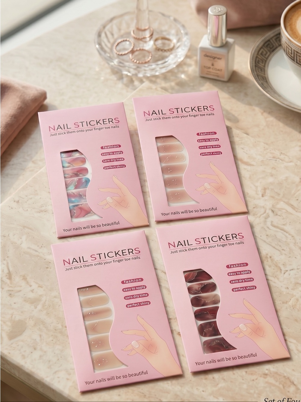 Elegant Press-On Nail Sticker Set — Multi Pink & Nude & Marble Designs